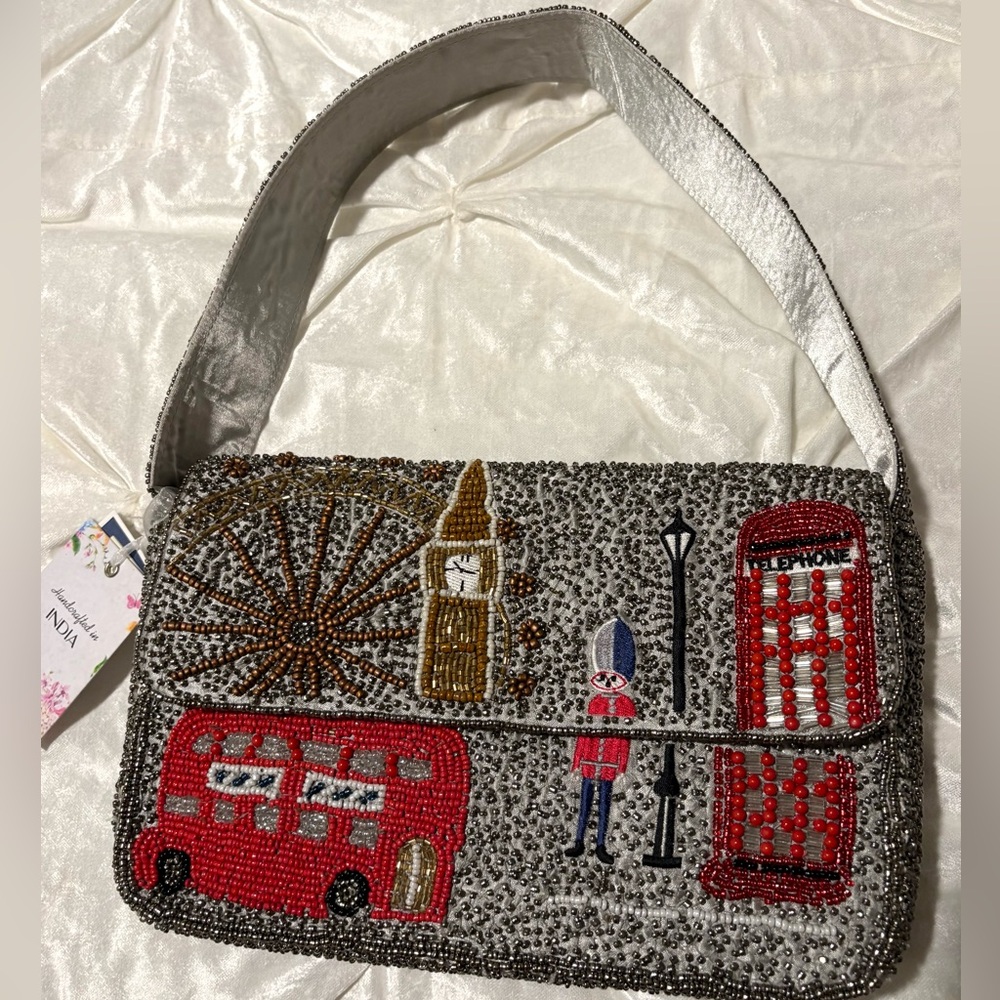 Embellished London Scene Beaded Shoulder Bag - Silver with Red Accents